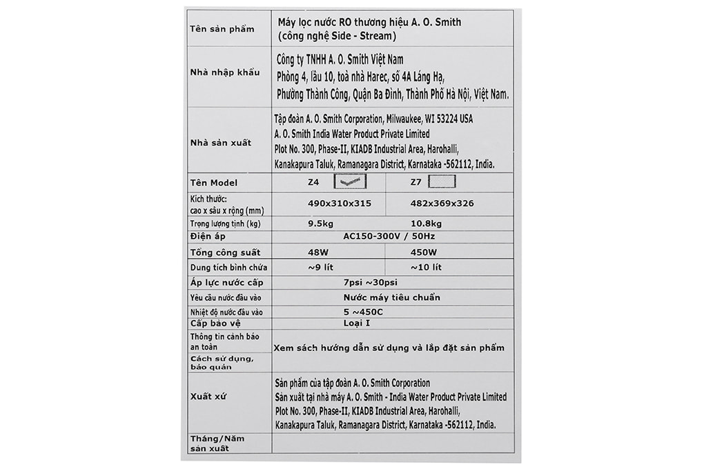 Máy lọc nước RO AOSmith Z4 5 lõi