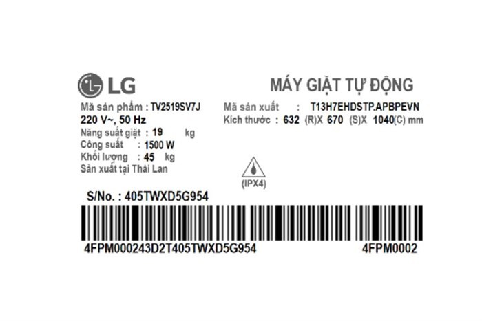 Máy giặt lồng đứng LG Inverter 19kg TV2519SV7J